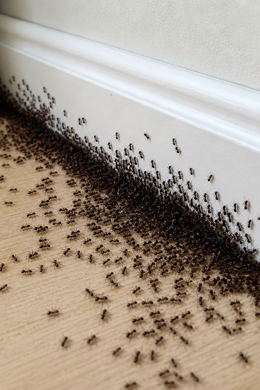 Severe ant infestation along a baseboard